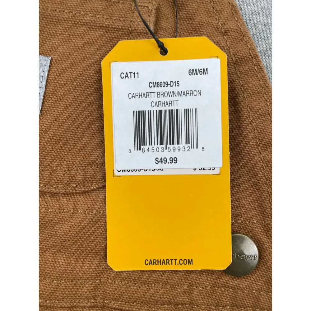 Carhartt Baby Canvas Bib Overalls 6M Brown 100% Cotton Leg Snaps Pocket Patch